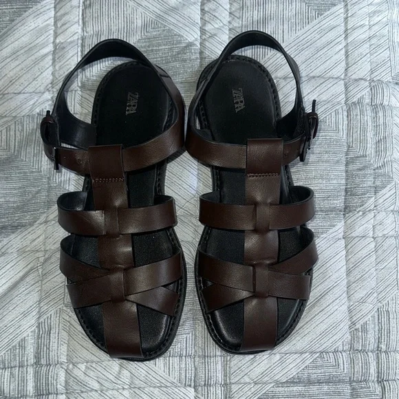 Zara Dark Brown Woven Leather Strap Sandals - Picture 3 of 3